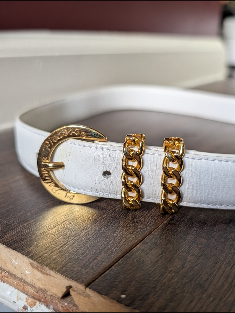 Paloma Picasso Vintage 1980s White Leather Belt with Gold Buckle + Chain Loops
